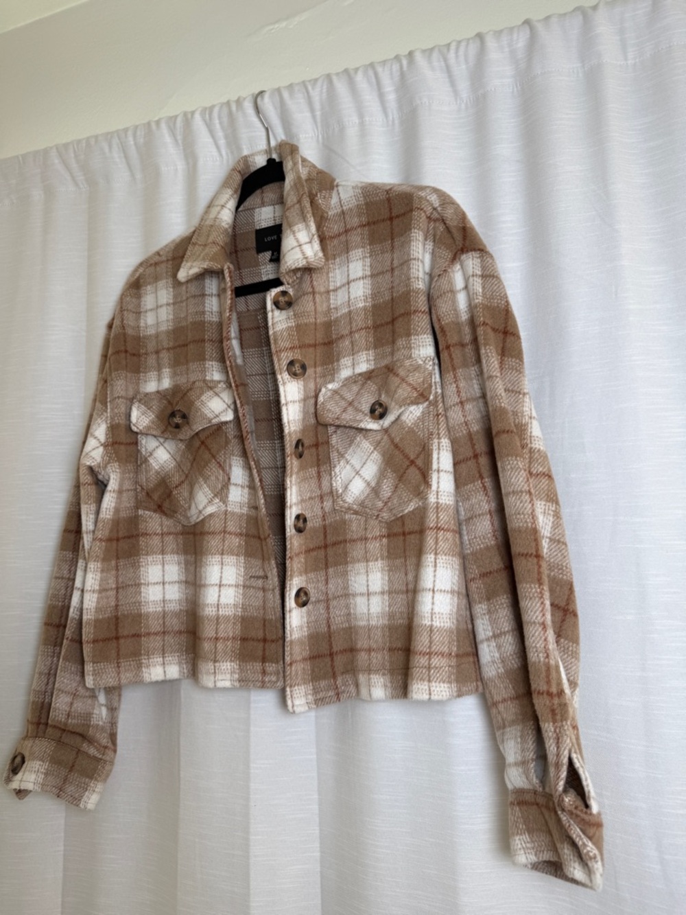 Love Tree Beige Plaid Cropped Shacket Button Front Jacket Neutral Cozy | Size M - Picture 5 of 12
